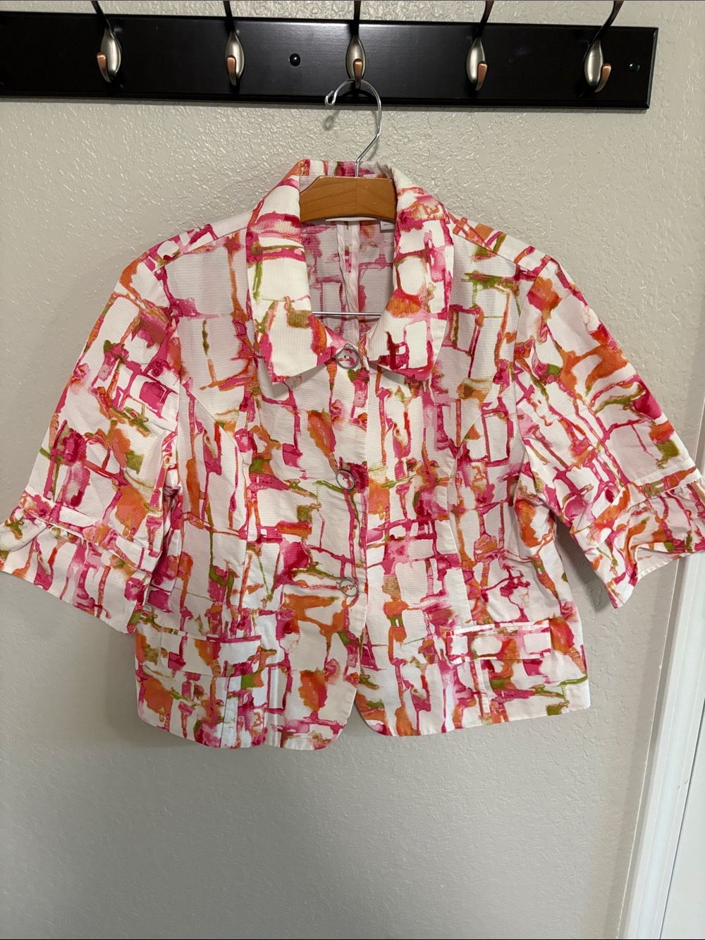 Abstract Watercolor Box Print Cropped Jacket - Pink Orange Green on White